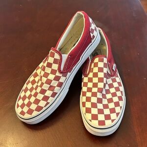 Vans Off the Wall Red and White Classic Slip-On Sneakers